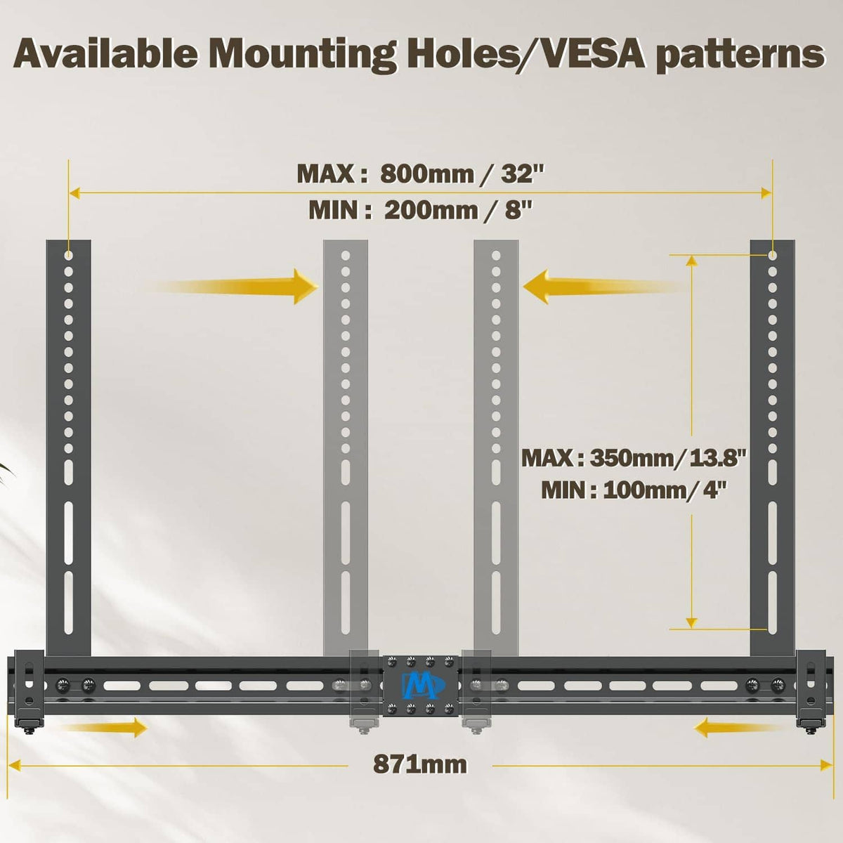 Soundbar mount bracket with VESA mounting holes shown on a measurement guide