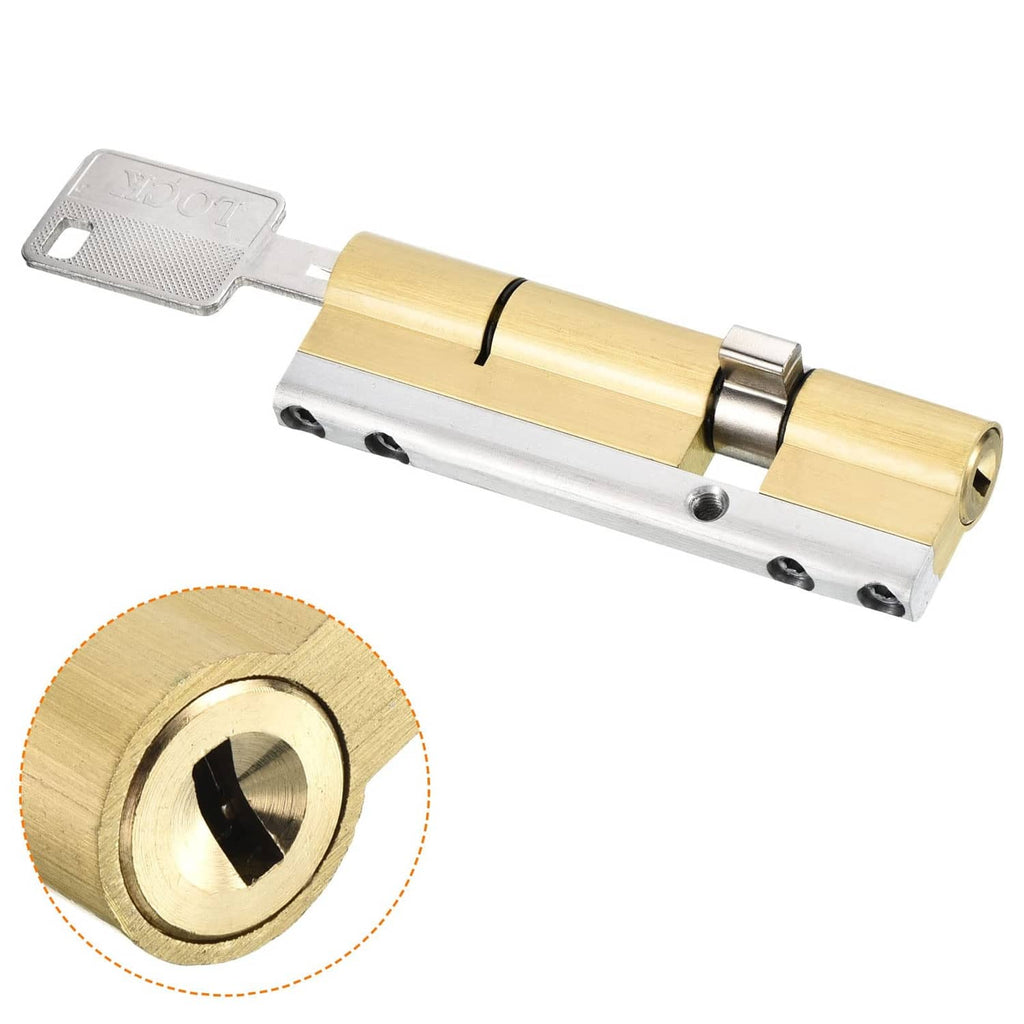 Brass cylinder lock with key cylinder close-up and silver mounting plate