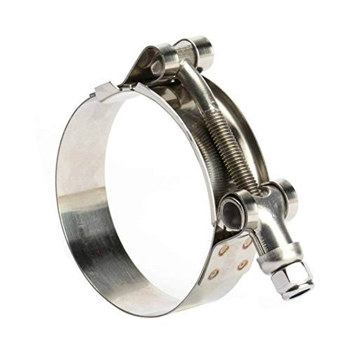 Stainless steel T-bolt hose clamp, 1.75 in band with threaded screw and bolt head