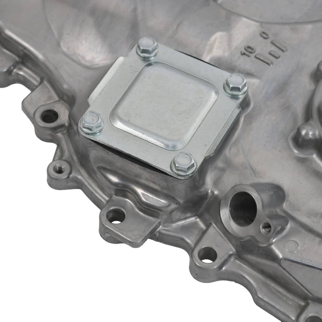 Metal oil pump housing with mounting holes and rectangular cap plate