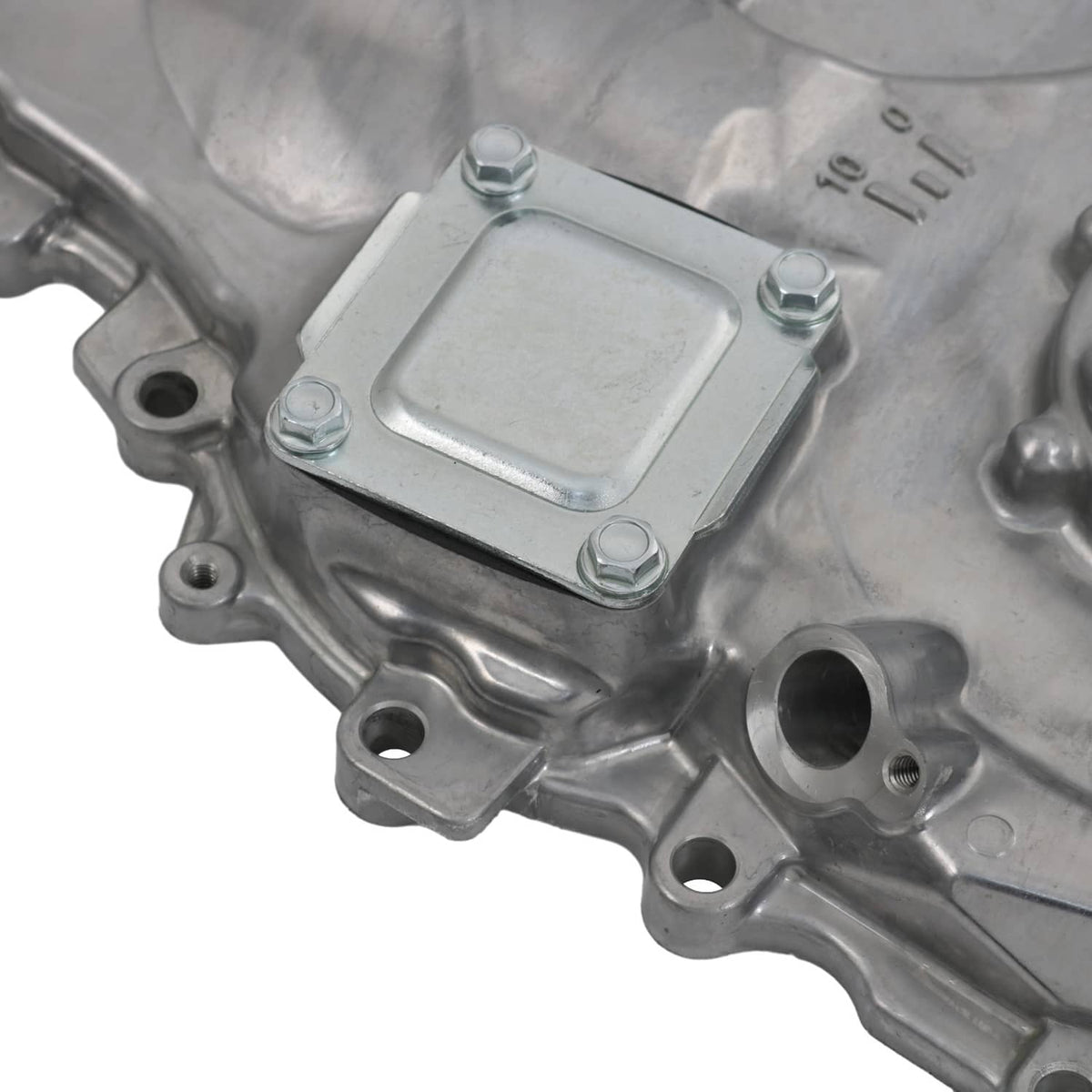 Metal oil pump housing with mounting holes and rectangular cap plate