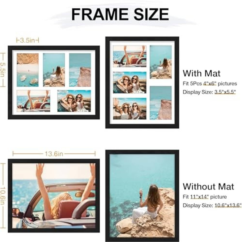 Frame size diagram showing with-mat and without-mat 11x14 and 4x6 collage layouts