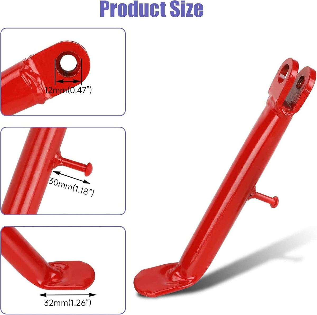 Red mini bike kickstand stand with curved base and side spring lever, size shown