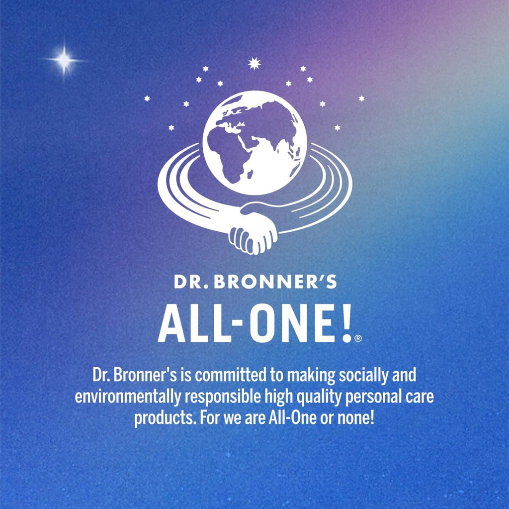 Dr. Bronner’s All-One brand graphic with globe icon and pledge text