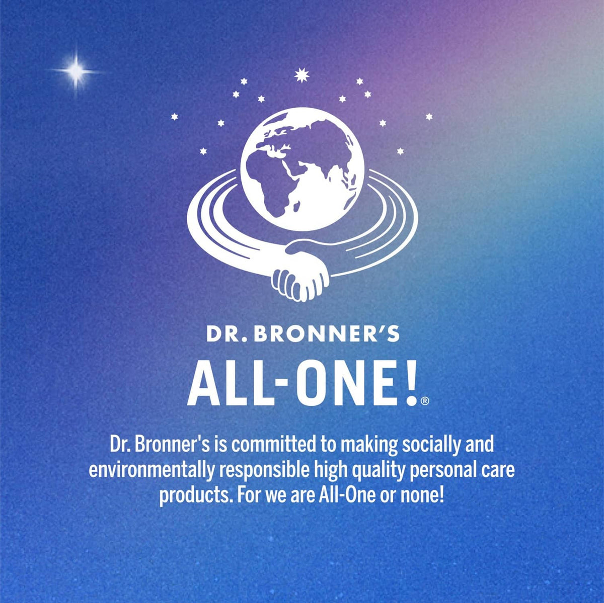 Dr. Bronner’s All-One brand graphic with globe icon and pledge text