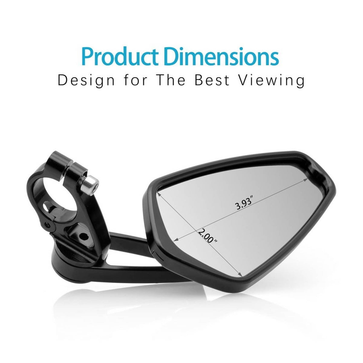 Black bar-end side mirror with metal clamp, shown with viewing angle dimensions.