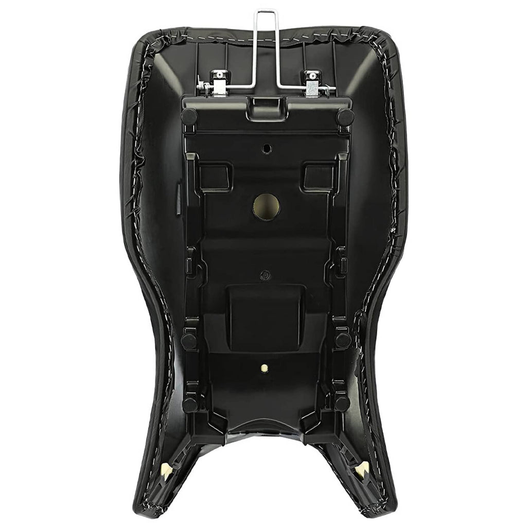 Black ATV seat pan with mounting hardware and metal support bracket.