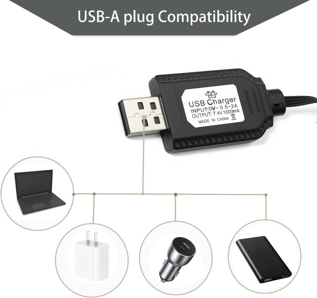 SM-4P 7.4V USB charger with USB-A plug and black cable for device power