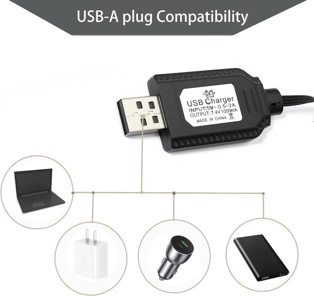 SM-4P 7.4V USB charger with USB-A plug and black cable for device power