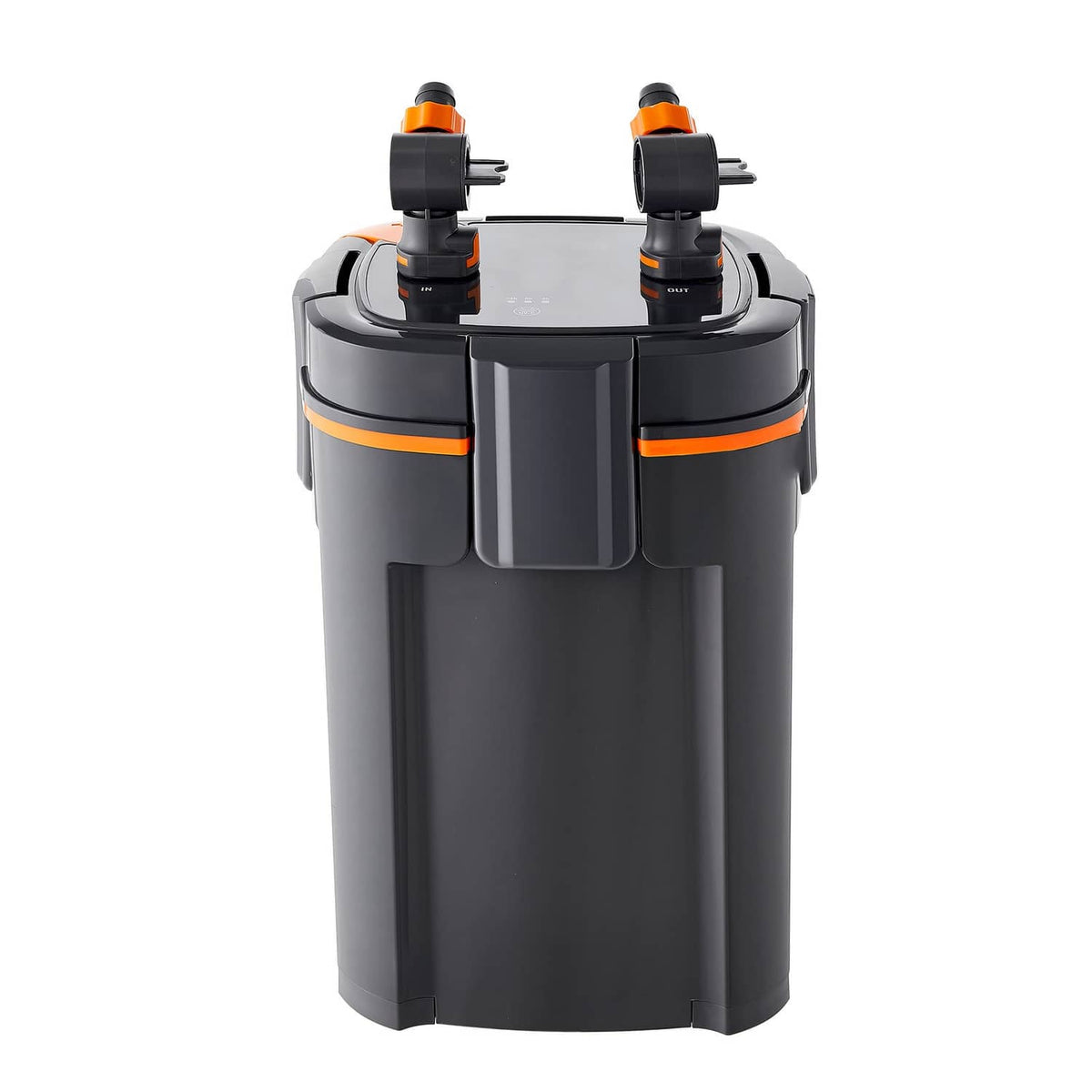 External aquarium canister filter with dual orange-capped ports and dark gray tank body