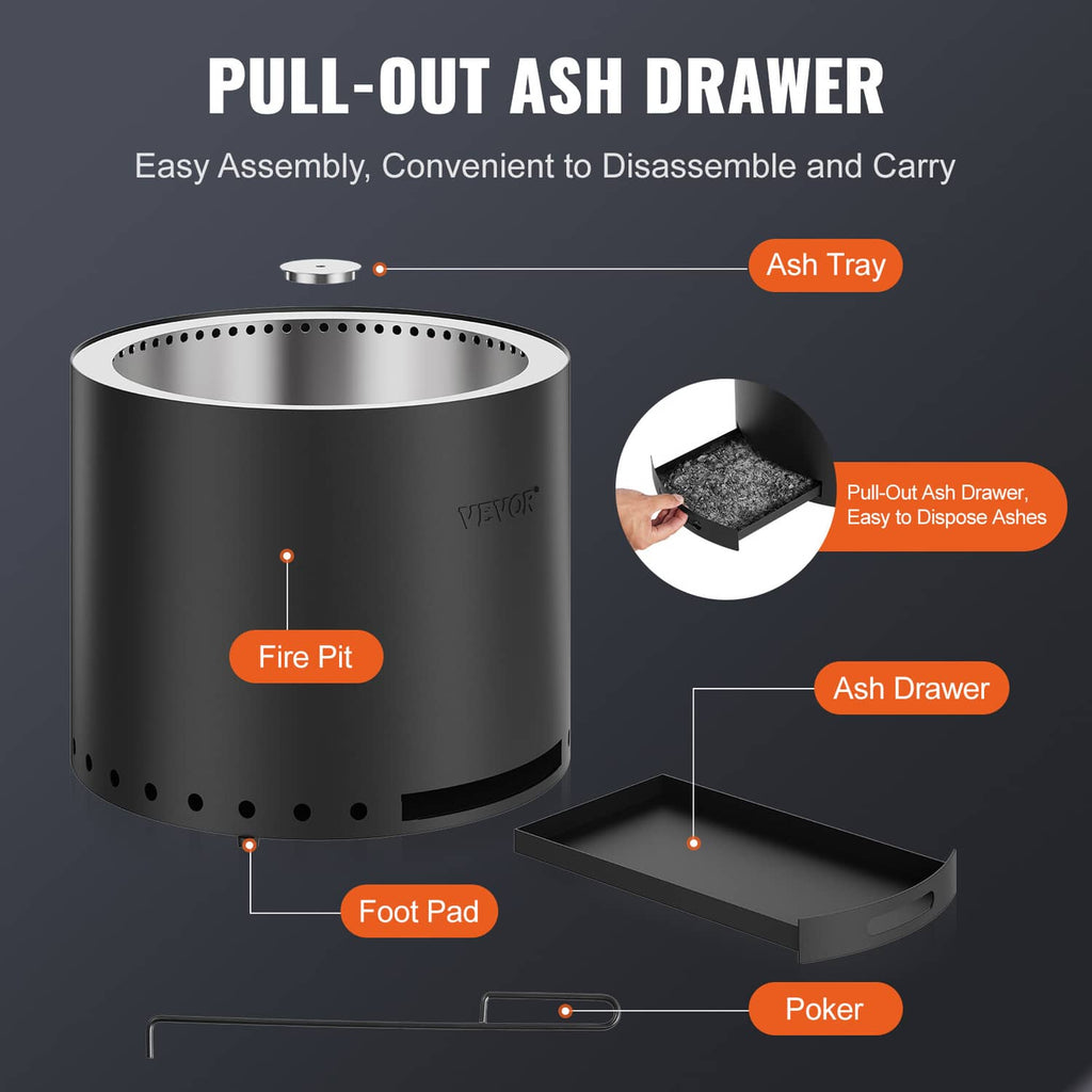 VEVOR fire pit stove with pull-out ash drawer, round black steel fire chamber