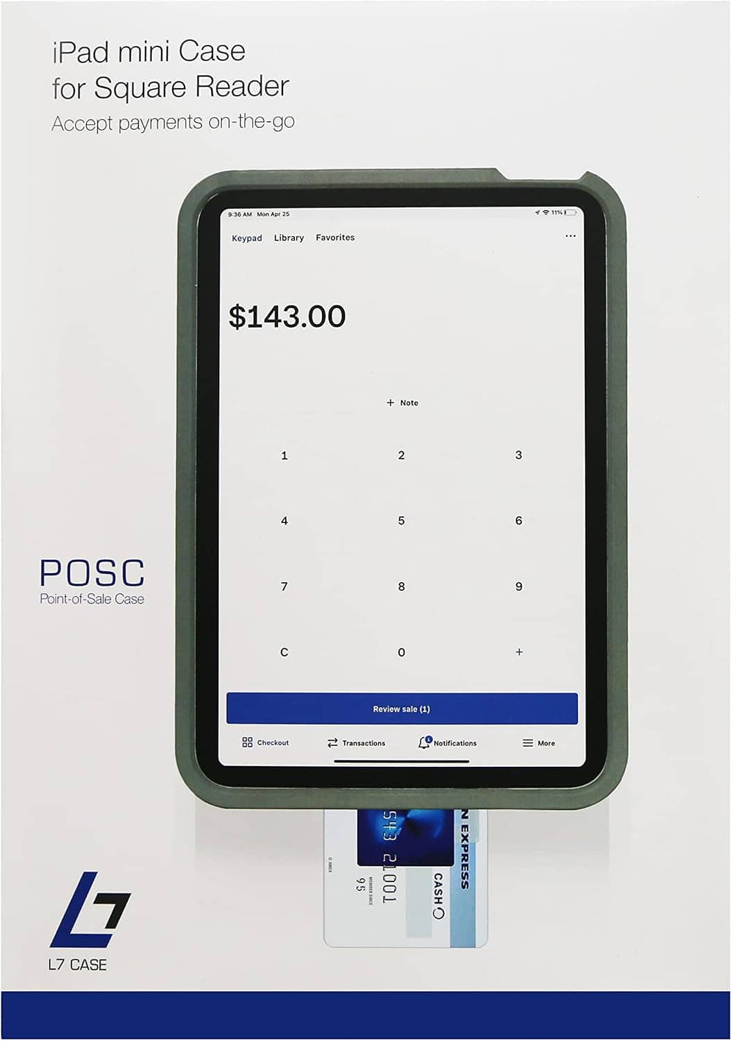 Green iPad mini case shown on retail packaging with tablet screen display
