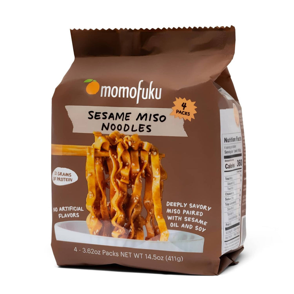 Sesame miso noodles kit, brown Momofuku pack with noodle strands and nutrition panel