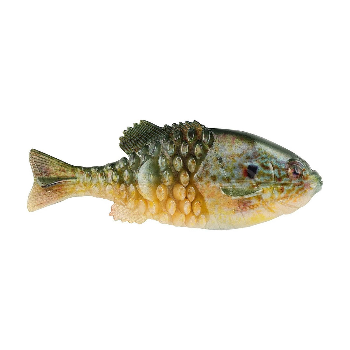 Green and yellow gilly-style soft plastic fishing lure, textured scales, curled tail