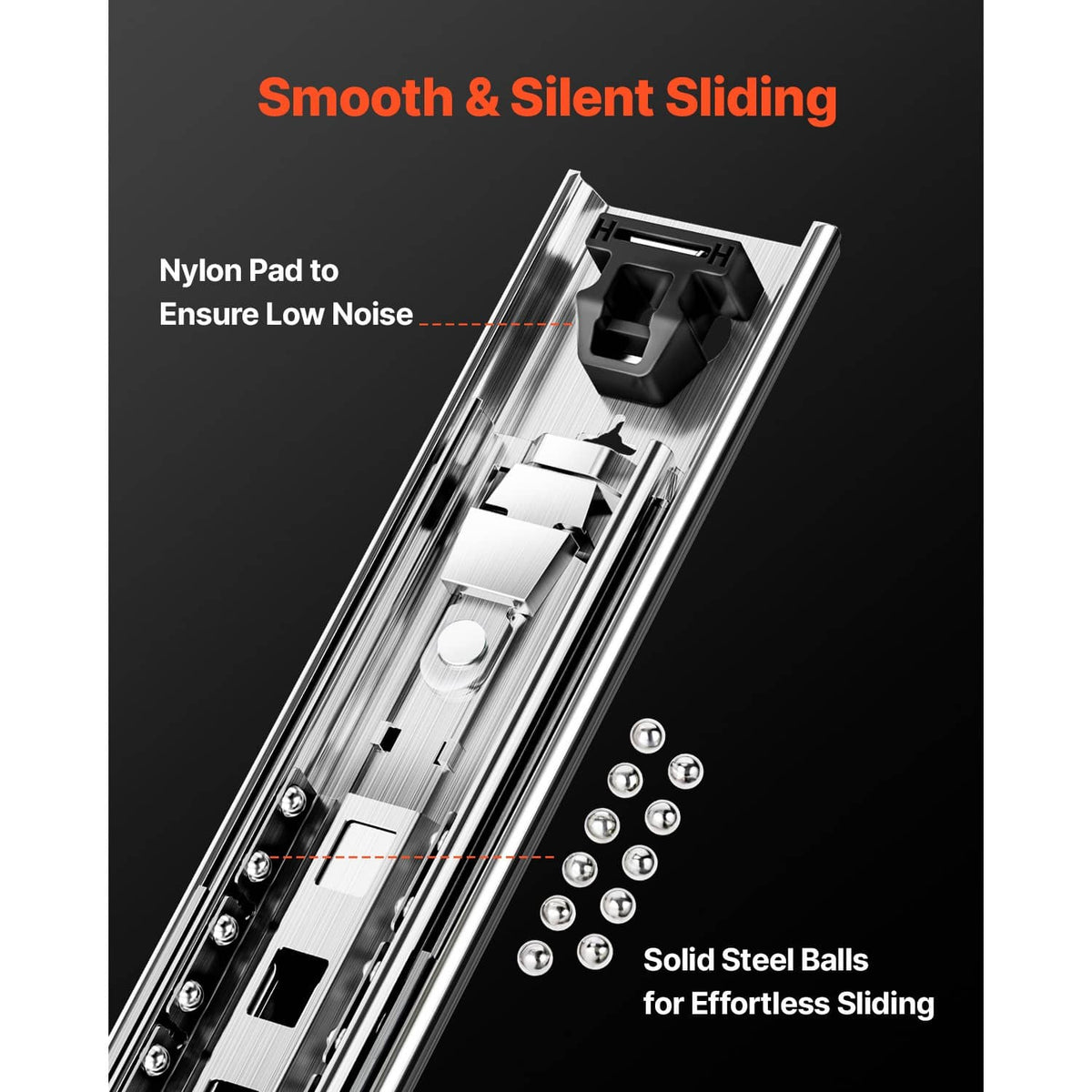 Drawer slide cross-section with nylon pad and steel ball bearings for smooth, quiet travel