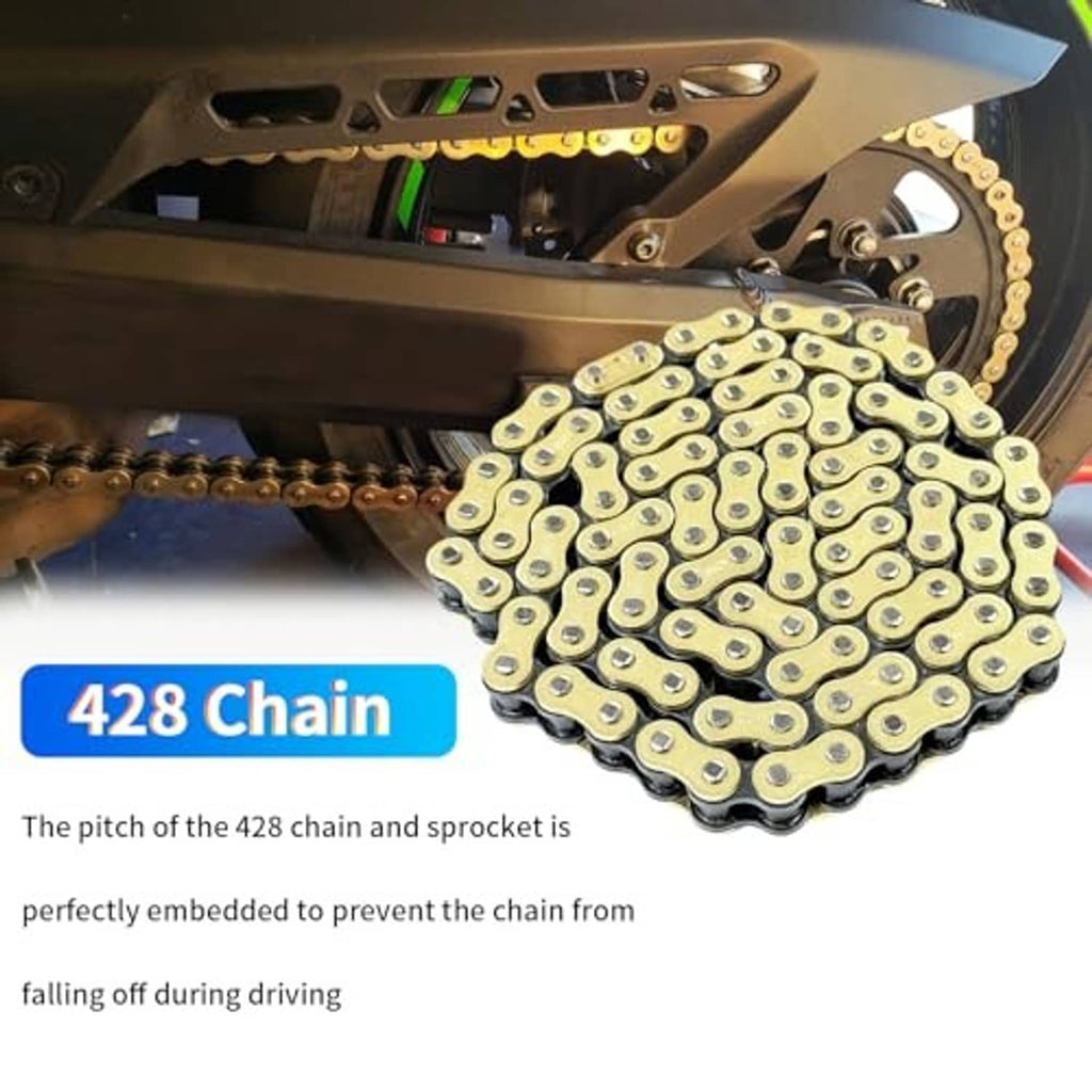 Gold motorcycle chain looped on sprocket inside engine bay