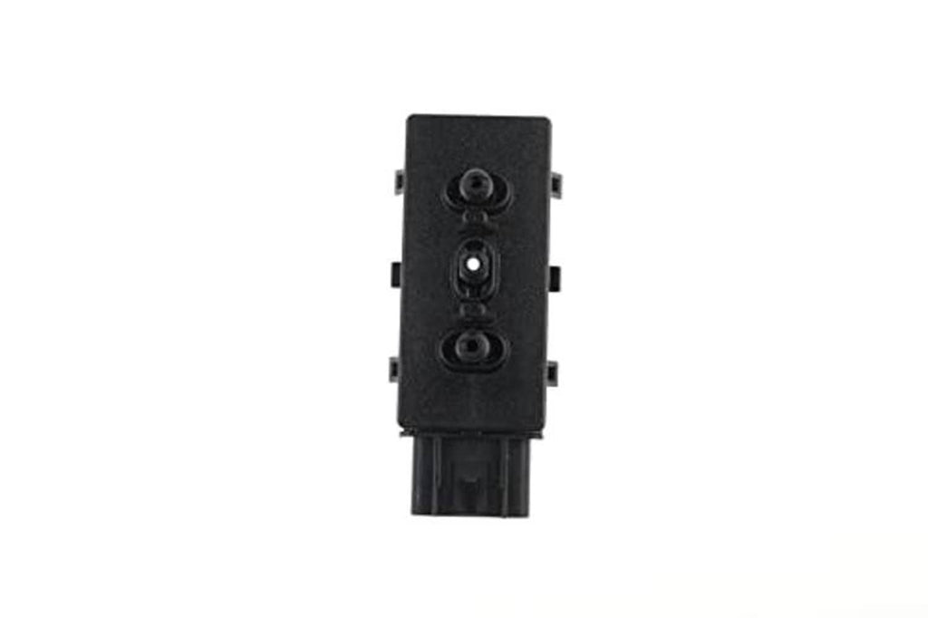 Power seat switch module, front view, black plastic housing with screw holes and connector