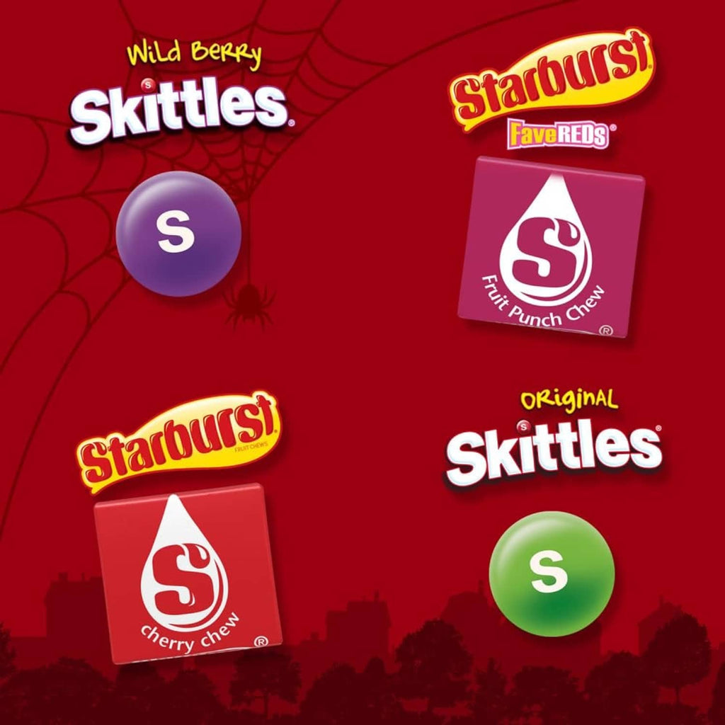 Assorted Skittles candy wrappers graphic for Wild Berry and Original flavors
