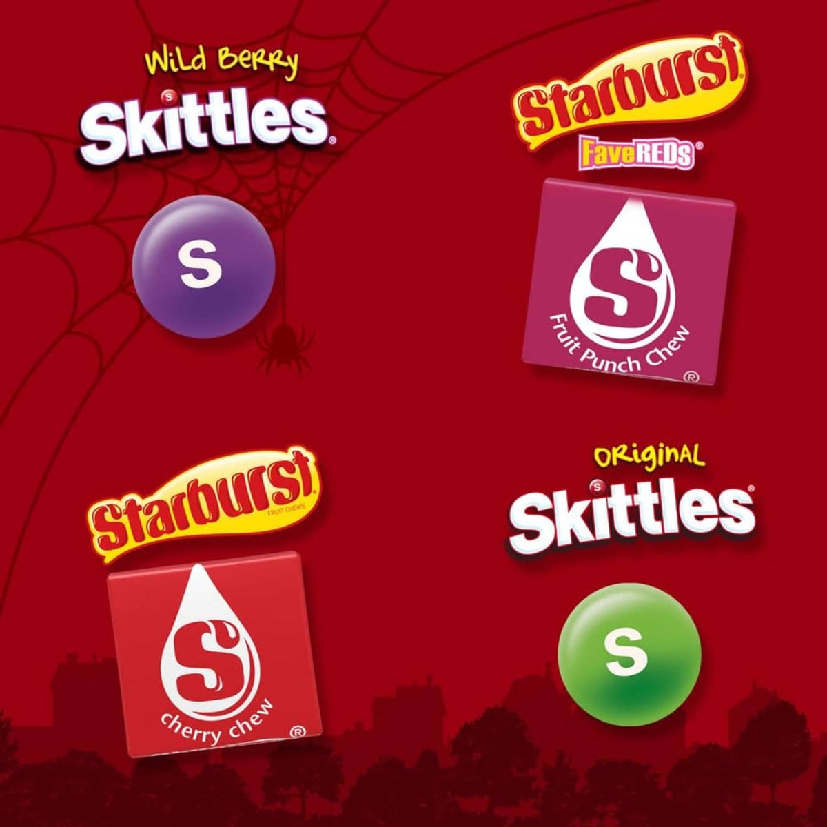 Assorted Skittles candy wrappers graphic for Wild Berry and Original flavors