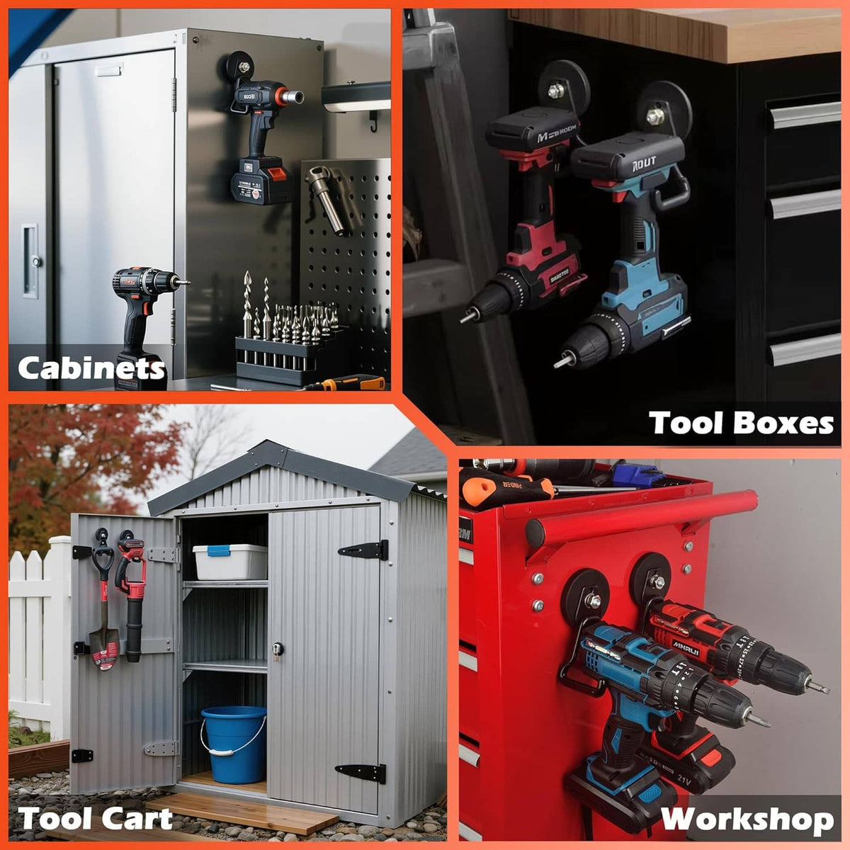 Black magnetic drill hooks mounted on metal surfaces to hang tools and equipment