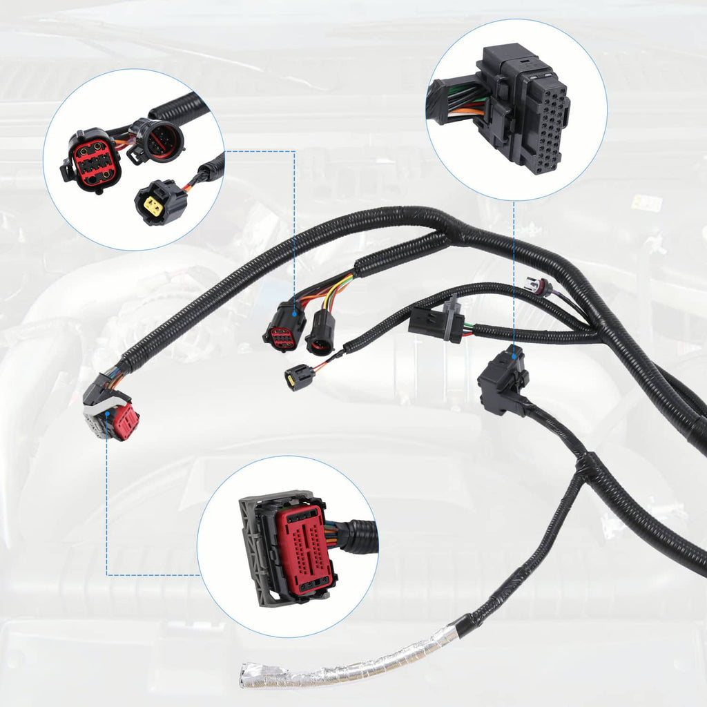 Engine wiring harness with black loom and gray connector housing with red wire