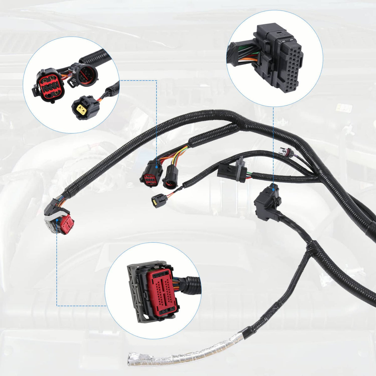 Engine wiring harness with black loom and gray connector housing with red wire