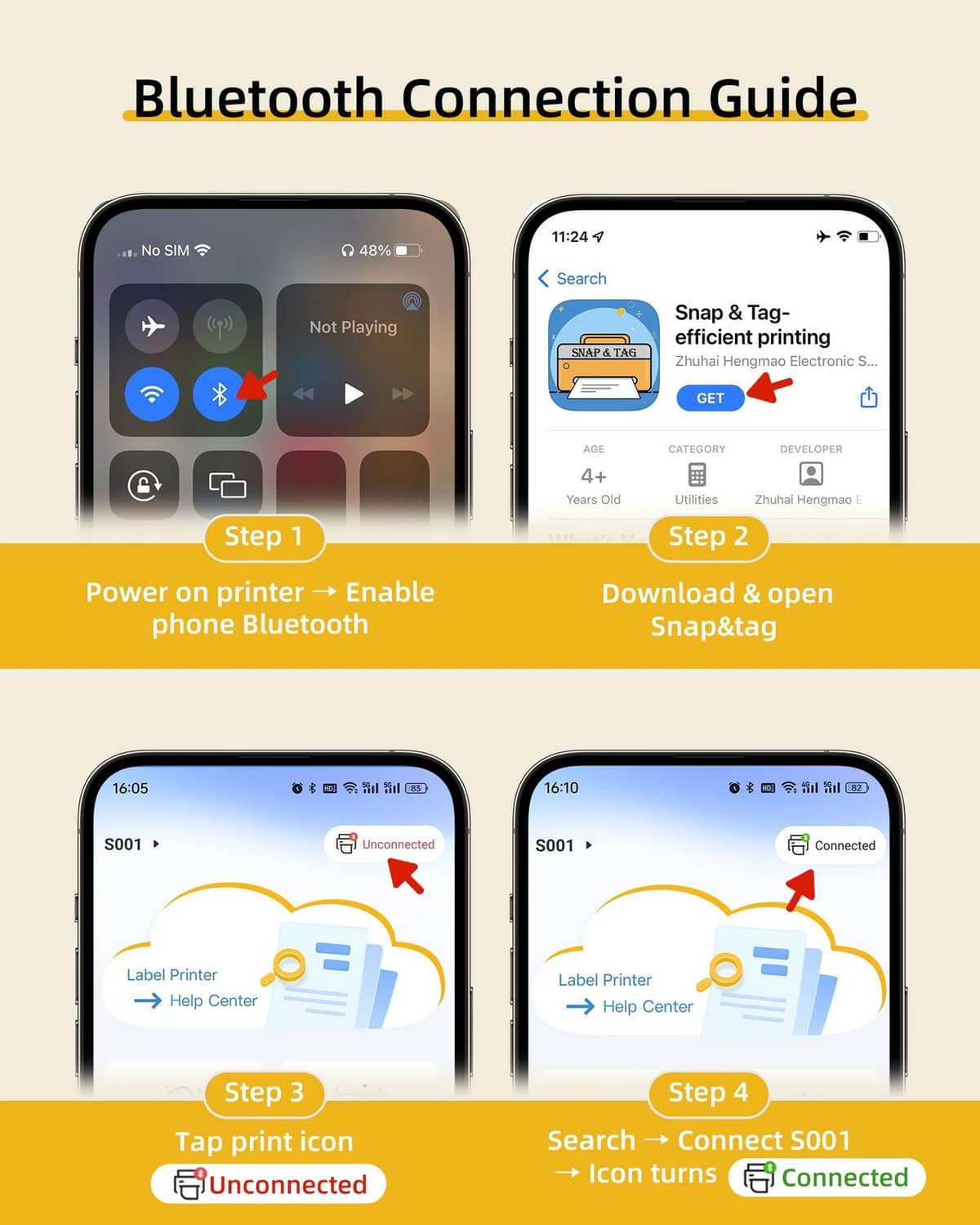 Smartphone app interface for ORGSTA label maker with connection and print steps