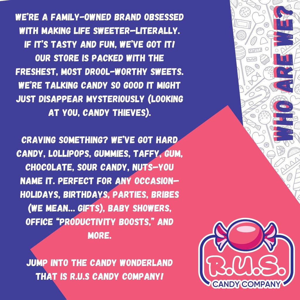 Brand information banner with R.U.S. Candy Company logo and colorful candy graphics