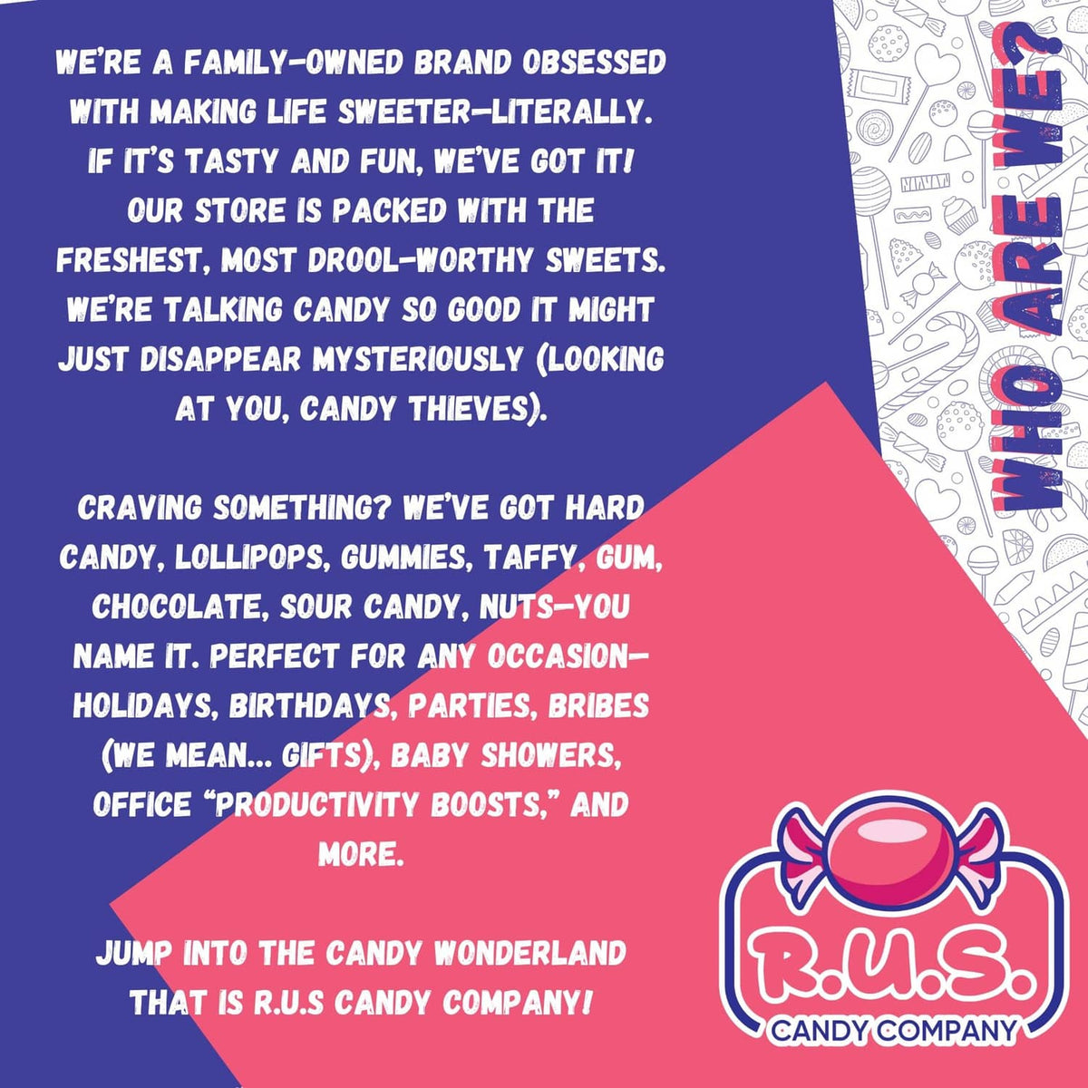 Brand information banner with R.U.S. Candy Company logo and colorful candy graphics