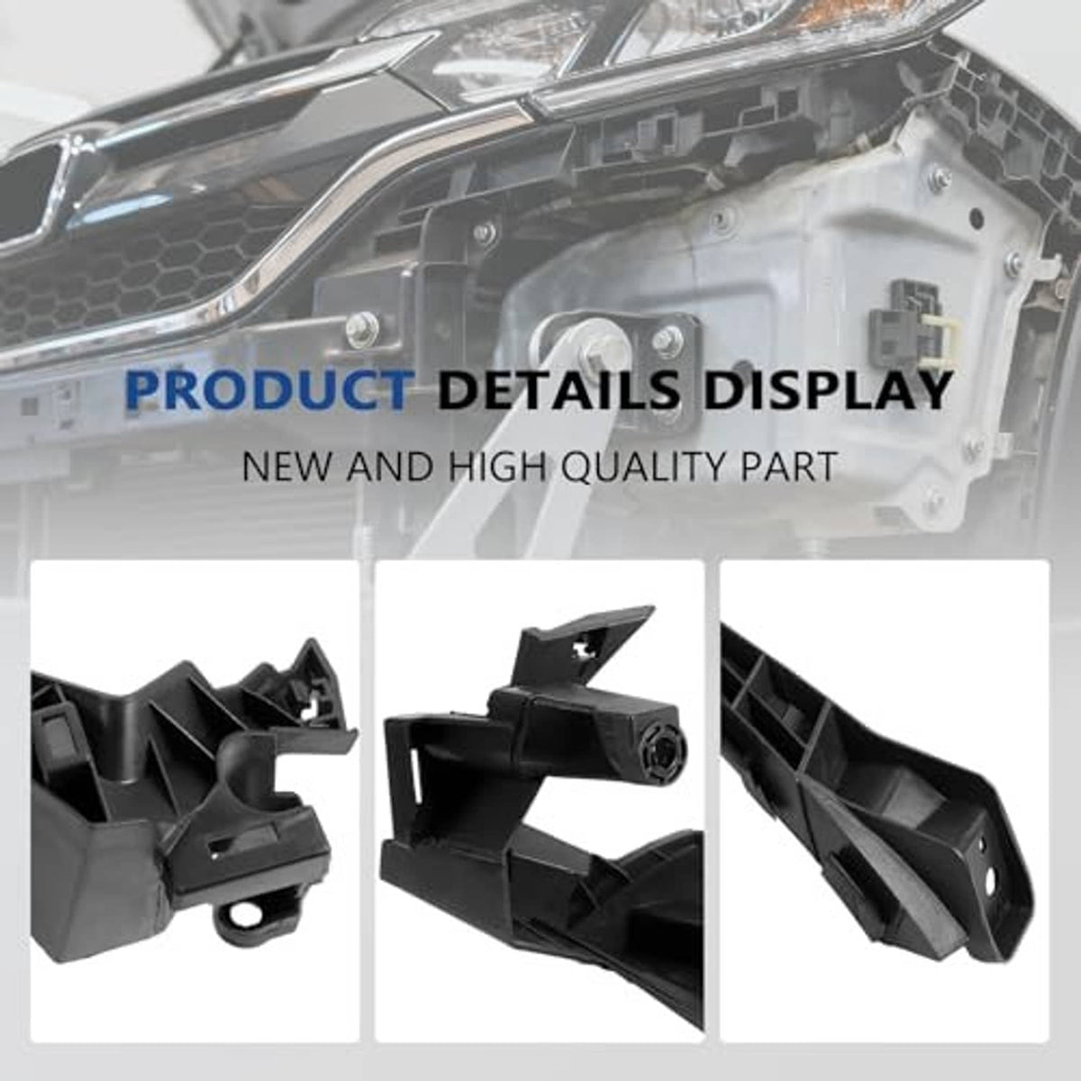 Black plastic headlight bracket mount retainer kit with molded tabs and mounting points