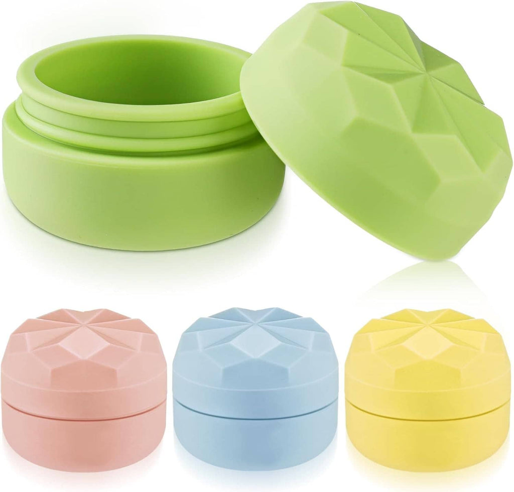 Set of silicone cream jars with faceted lids in lime green, pink, blue, and yellow