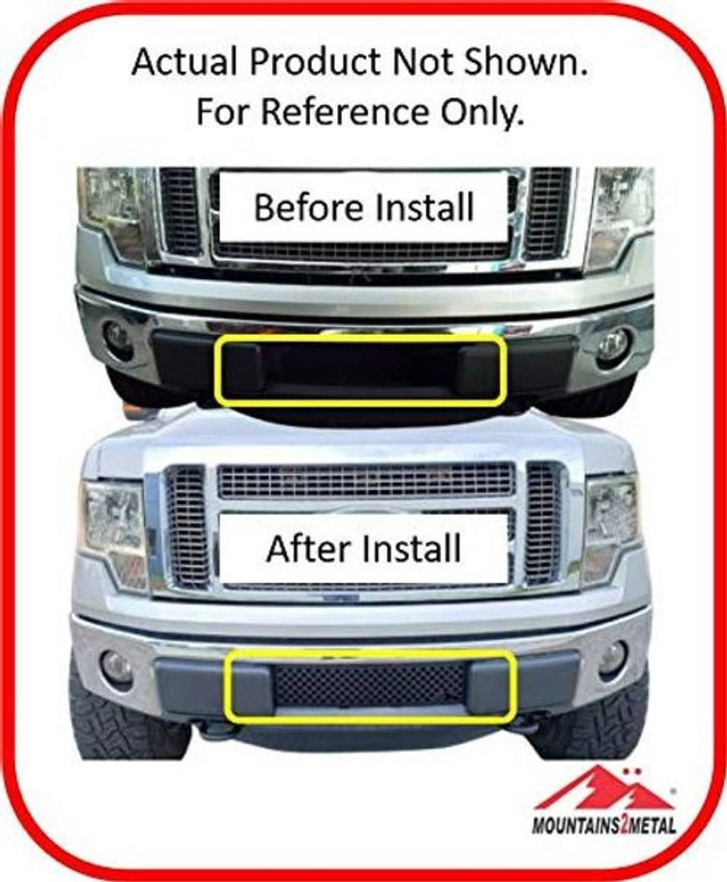 Before/after graphic showing highlighted black diamond-mesh bumper grille insert