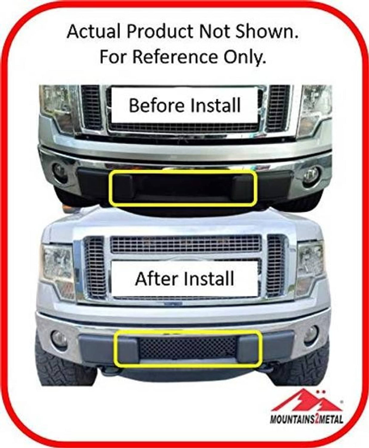 Before/after graphic showing highlighted black diamond-mesh bumper grille insert