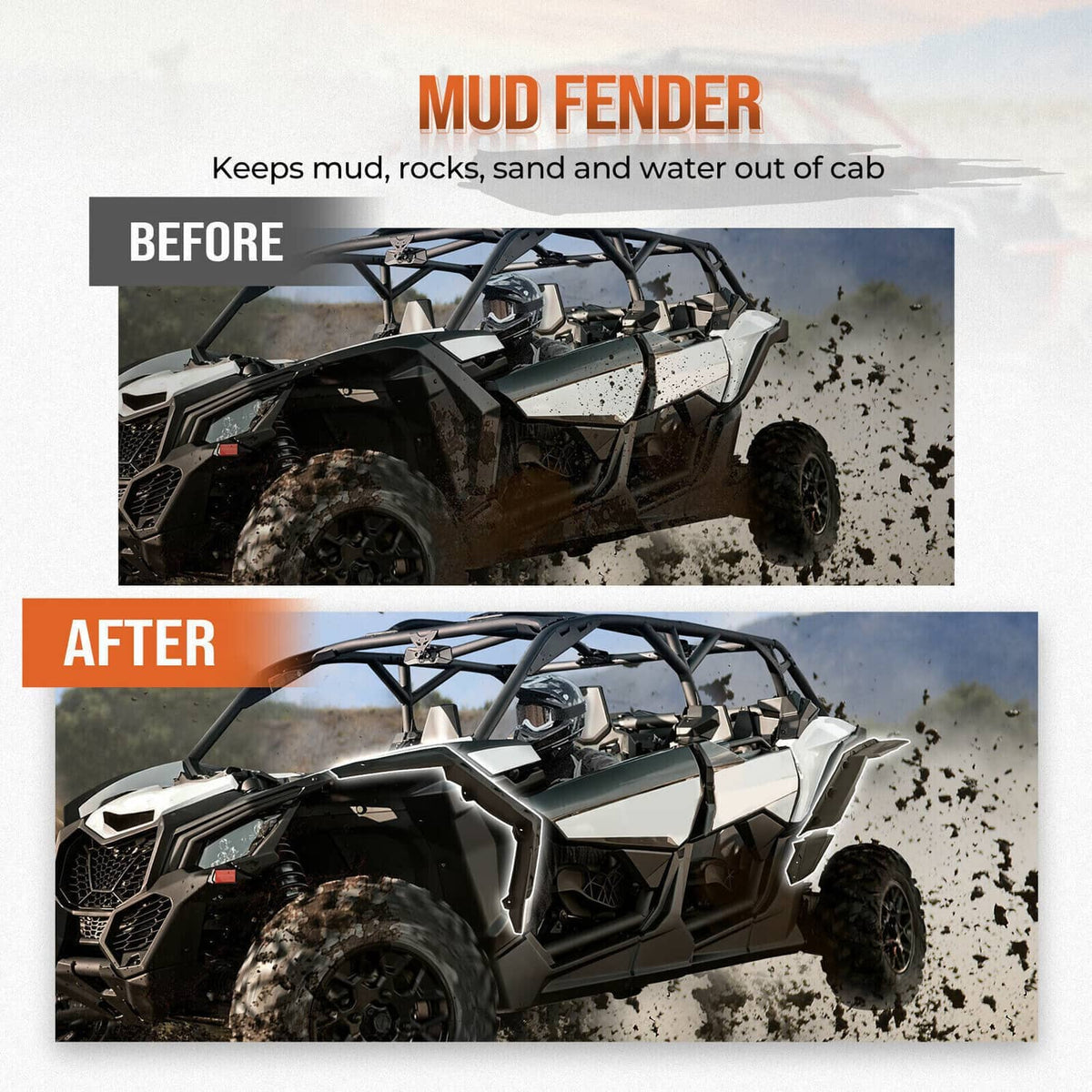 Black mud fender flares on an off-road UTV, before-and-after split view