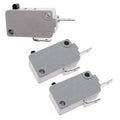 Microwave door interlock switch with gray housing, NC/COM/NO markings, and metal lever pins
