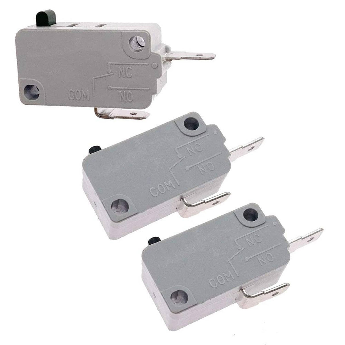 Microwave door interlock switch with gray housing, NC/COM/NO markings, and metal lever pins