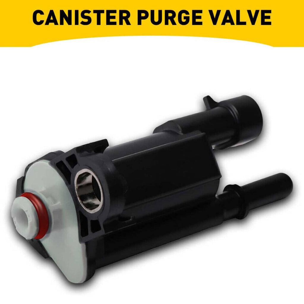EVAP vapor canister purge solenoid valve, black and gray plastic with two outlet ports