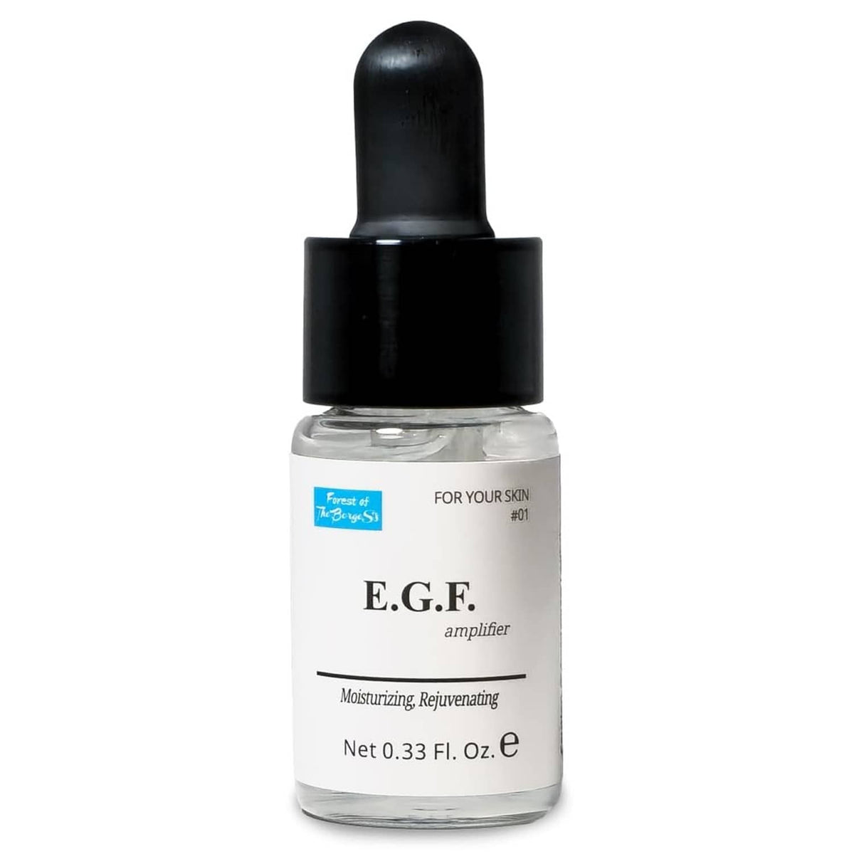 EGF amplifier serum bottle with black dropper cap, clear liquid, 0.33 fl oz