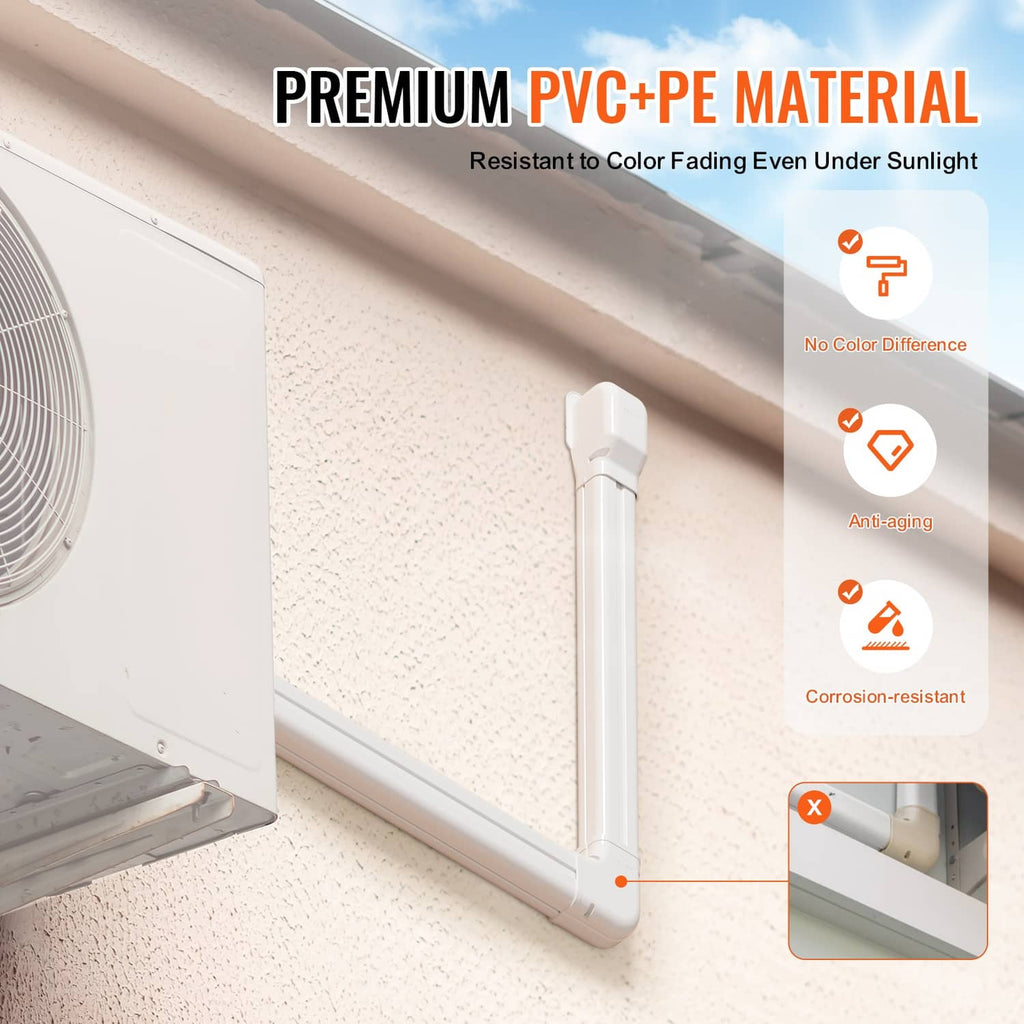 White PVC mini-split line set cover kit with outdoor mounting cover and corner piece