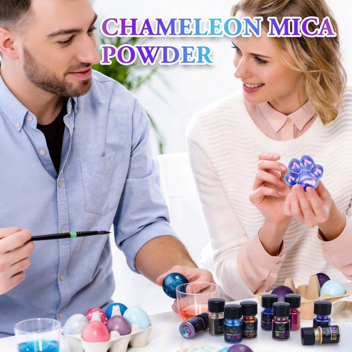 Color-shifting mica pigment bottles displayed on a craft table