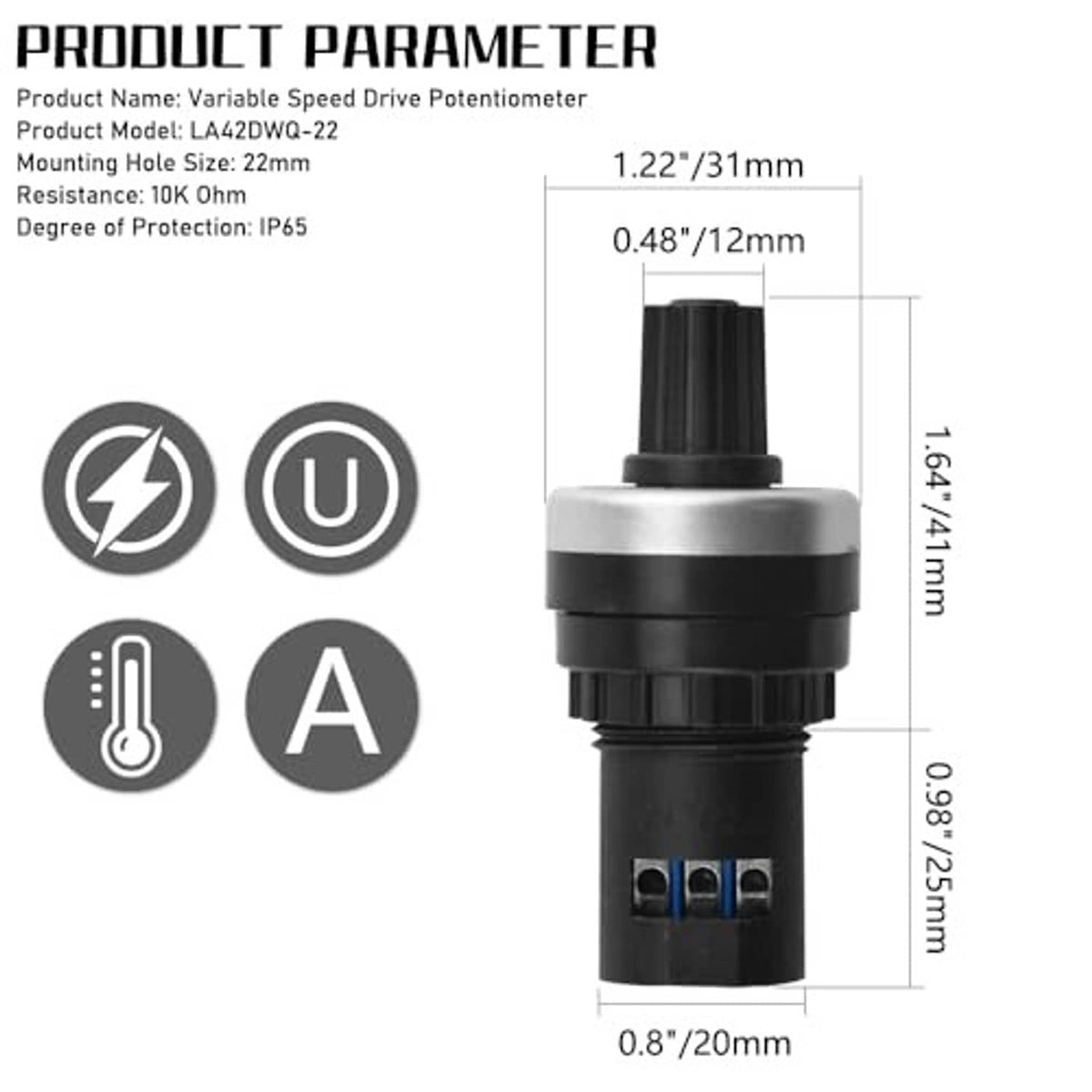 Rotary speed-drive potentiometer with black body and blue three-pin terminal block