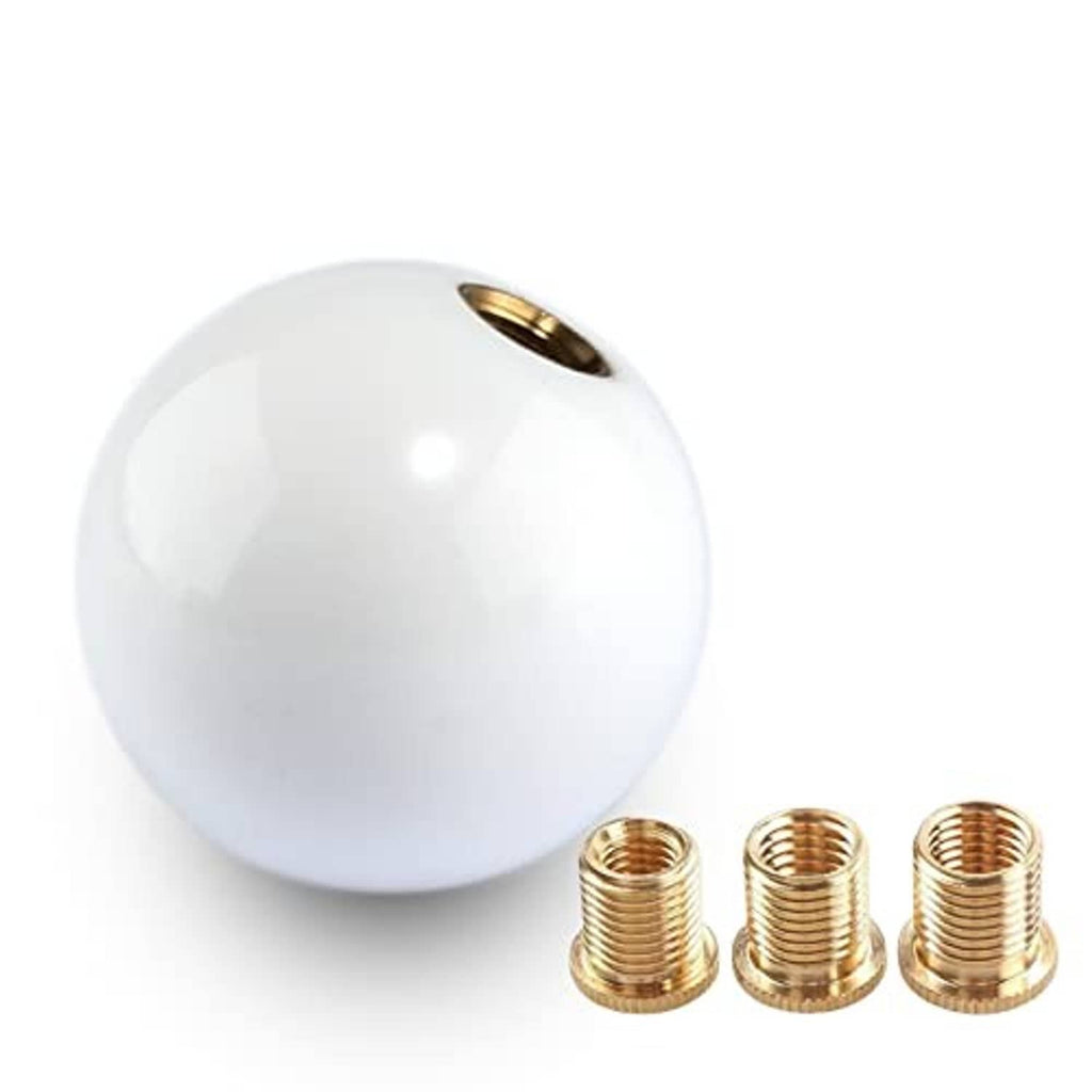 Pure white round ball gear shift knob with three gold threaded adapters