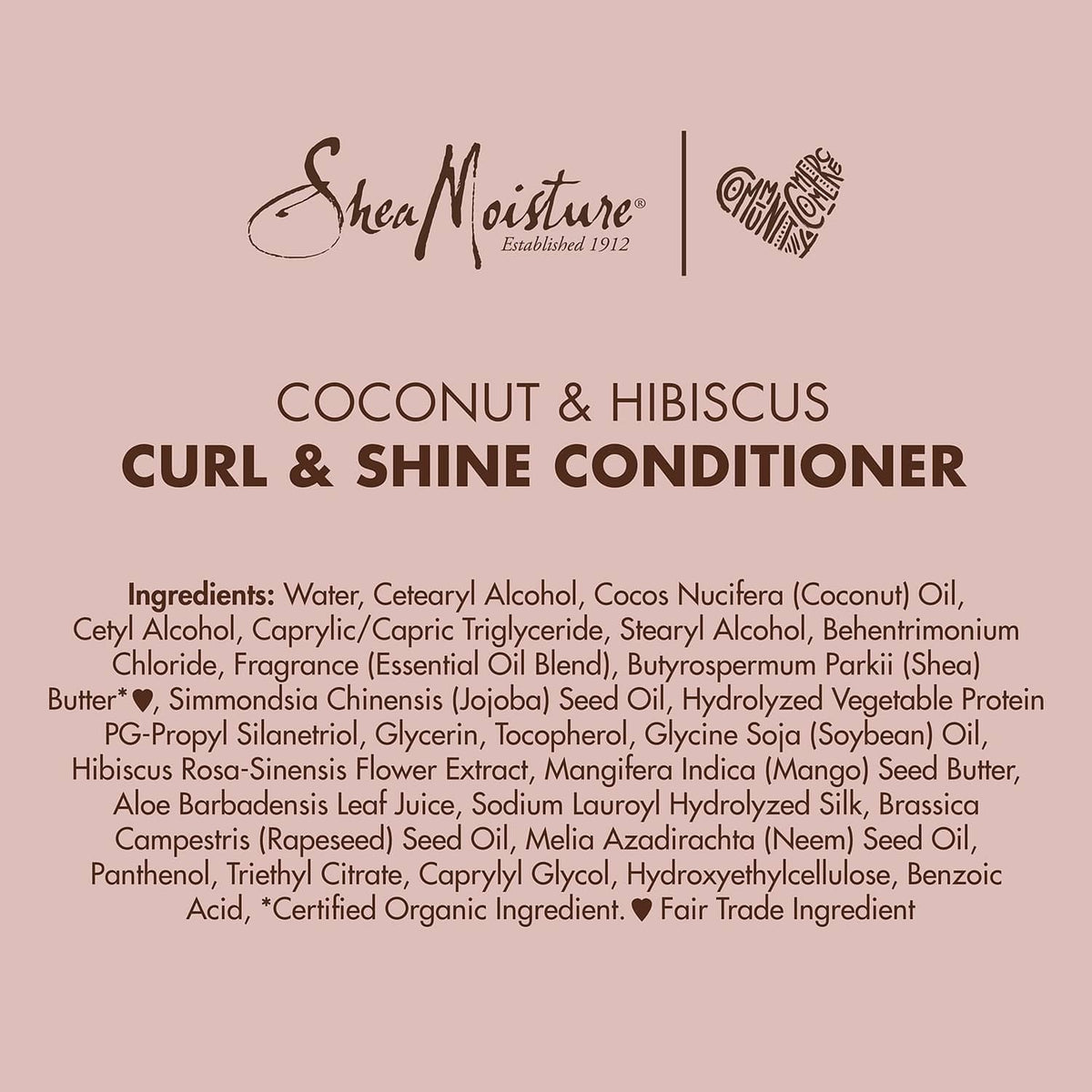 Product packaging ingredients panel for Coconut & Hibiscus curl and shine conditioner