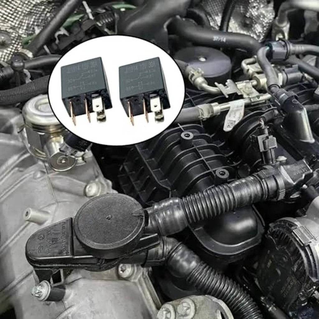 Black 5-pin automotive relay(s) with metal prong terminals shown in engine bay inset