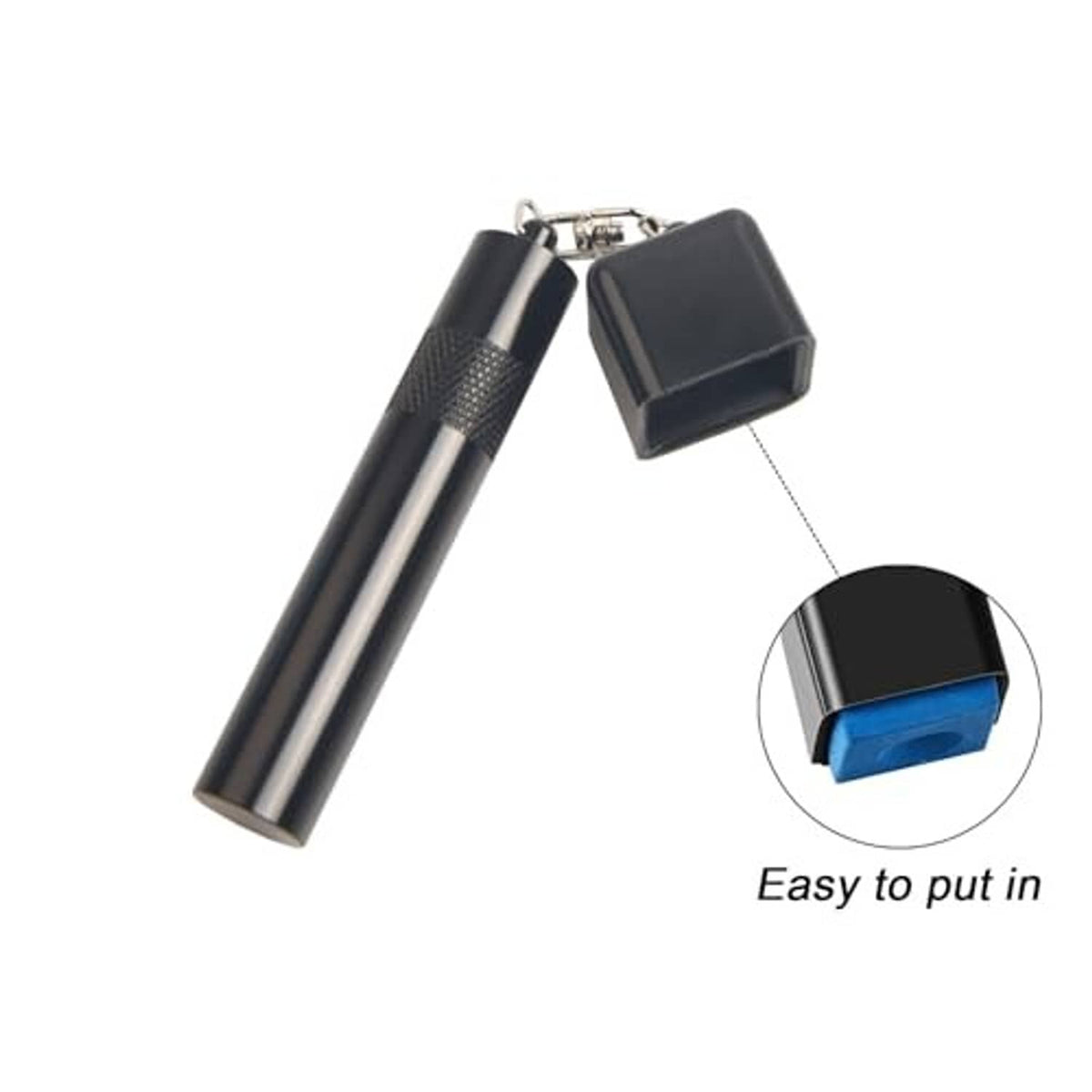 Black cue tip shaper with cube case, chain loop, and easy-grip storage