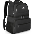 Black insulated cooler backpack with top handle, front zippers, and padded shoulder straps.