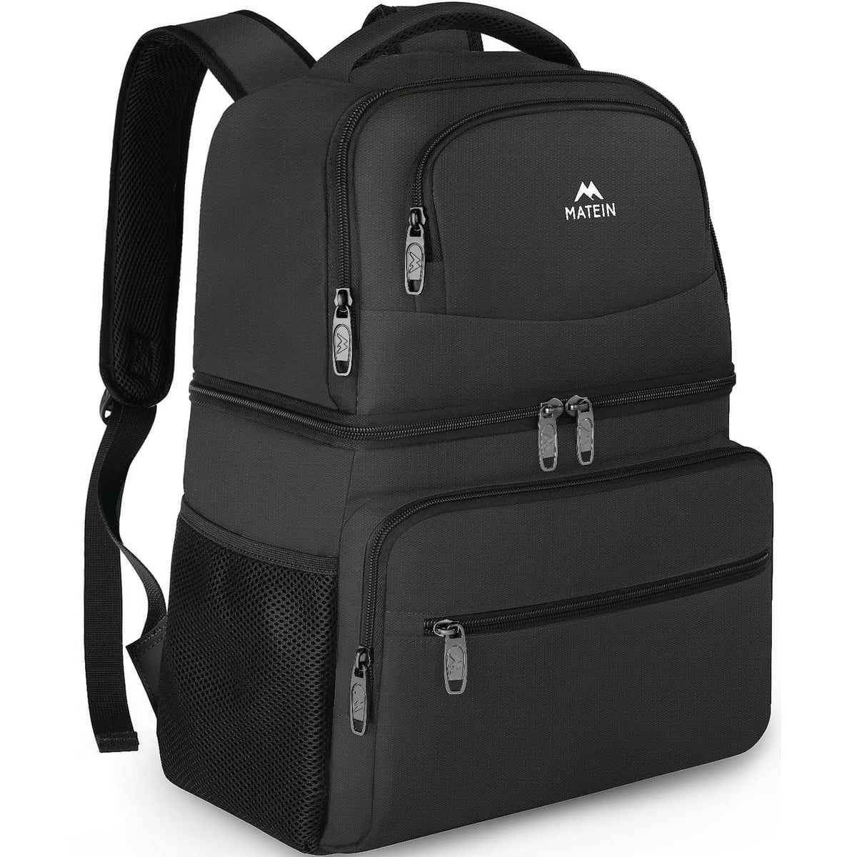 Black insulated cooler backpack with top handle, front zippers, and padded shoulder straps.