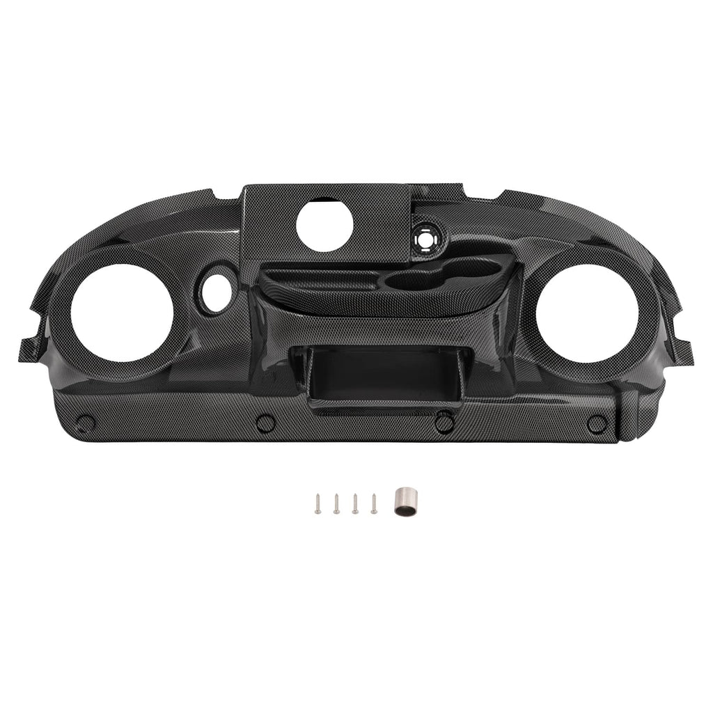 Black carbon fiber dashboard cover panel with two large speaker holes and central radio opening