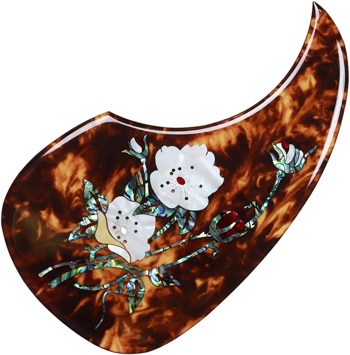 Acoustic guitar pick guard in tortoiseshell with white flower abalone inlay and teal leaves
