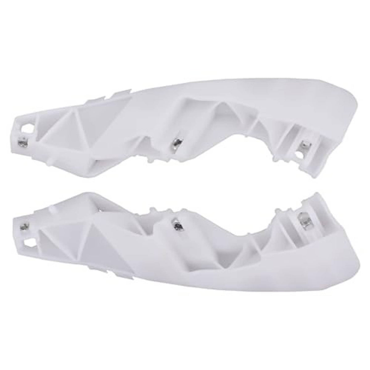 Front bumper bracket stiffener kit, two white plastic brackets with metal fasteners and tabs